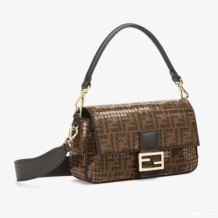 Affordable HOT Bag Sequins Fabric Baguette Motif with FF Medium Brown Fendi In 0815
